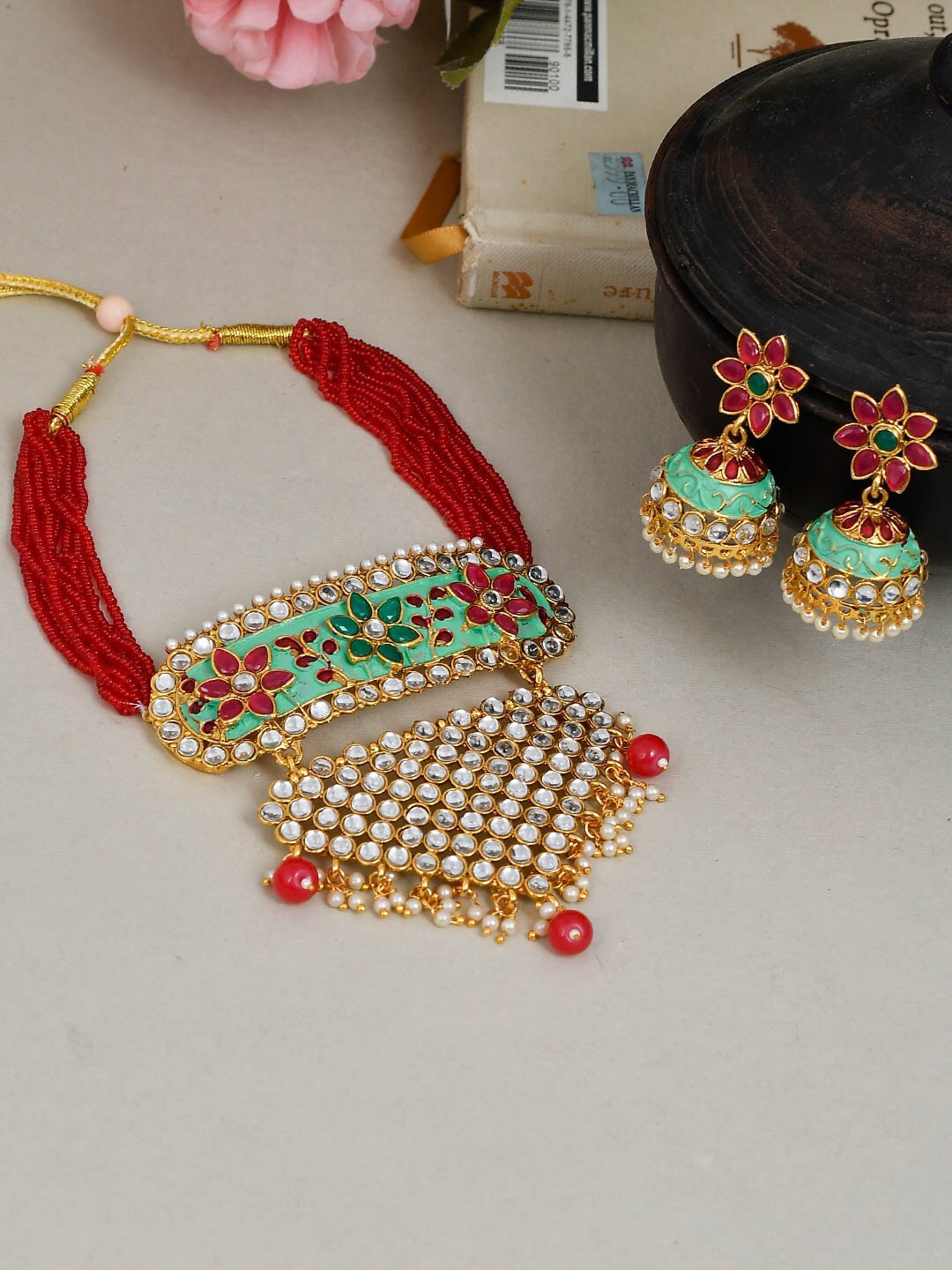 Silvermerc Designs Red & Green Gold-Plated Meenakari Stone-Studded Jewellery Set