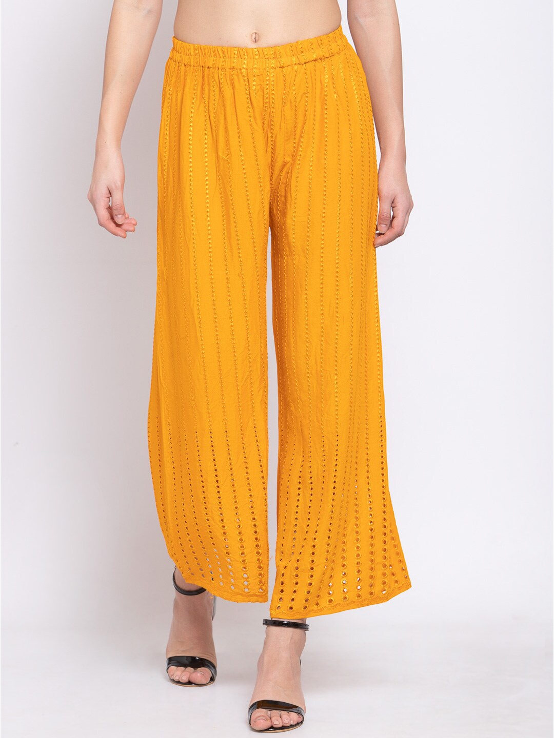 

KLOTTHE Women Mustard Embroidered Wide Leg Palazzos