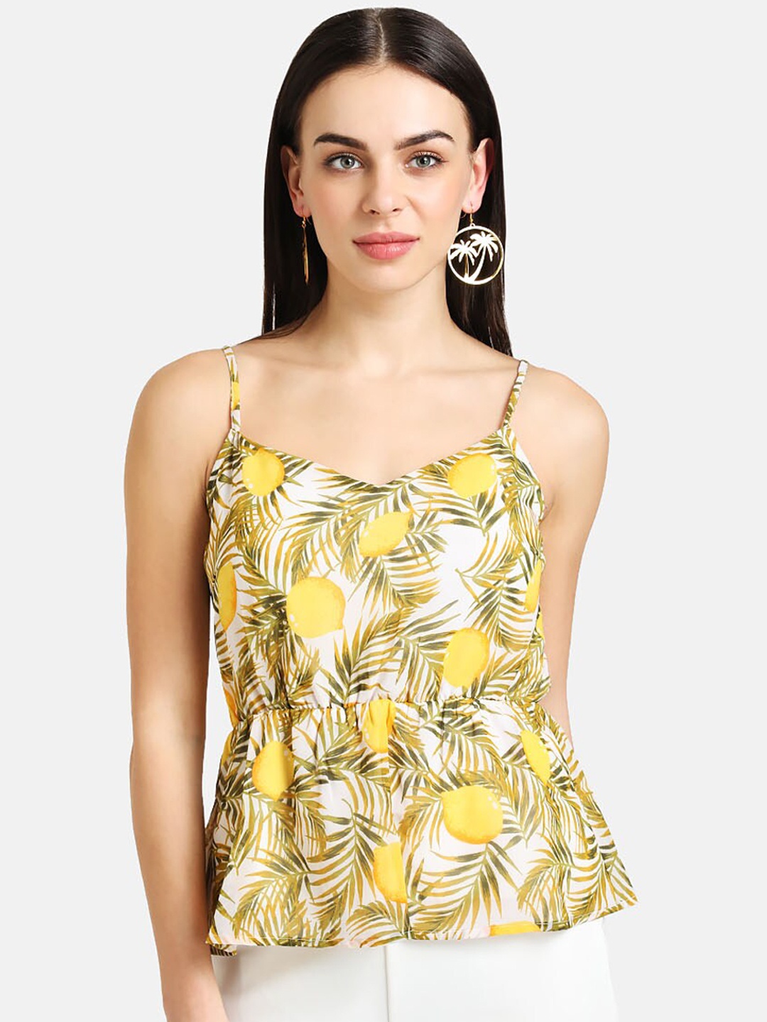 

Kazo White & Yellow Tropical Cinched Waist Top