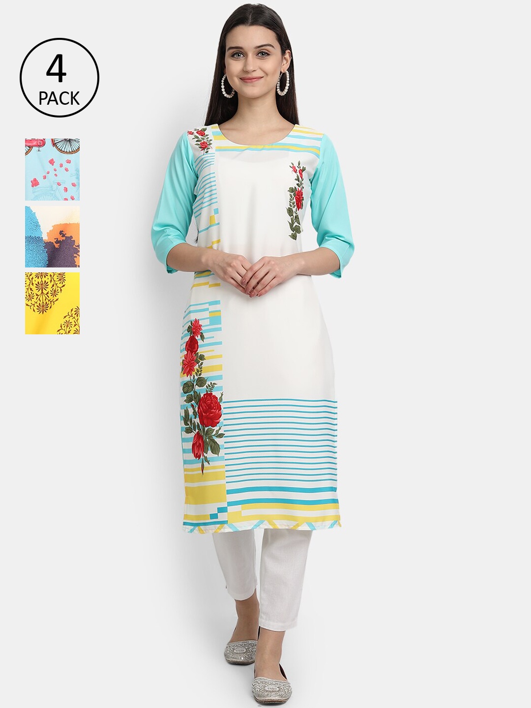 

Ethnic basket Women Pack Of 4 Multicoloured Floral Printed Crepe Kurta, Multi