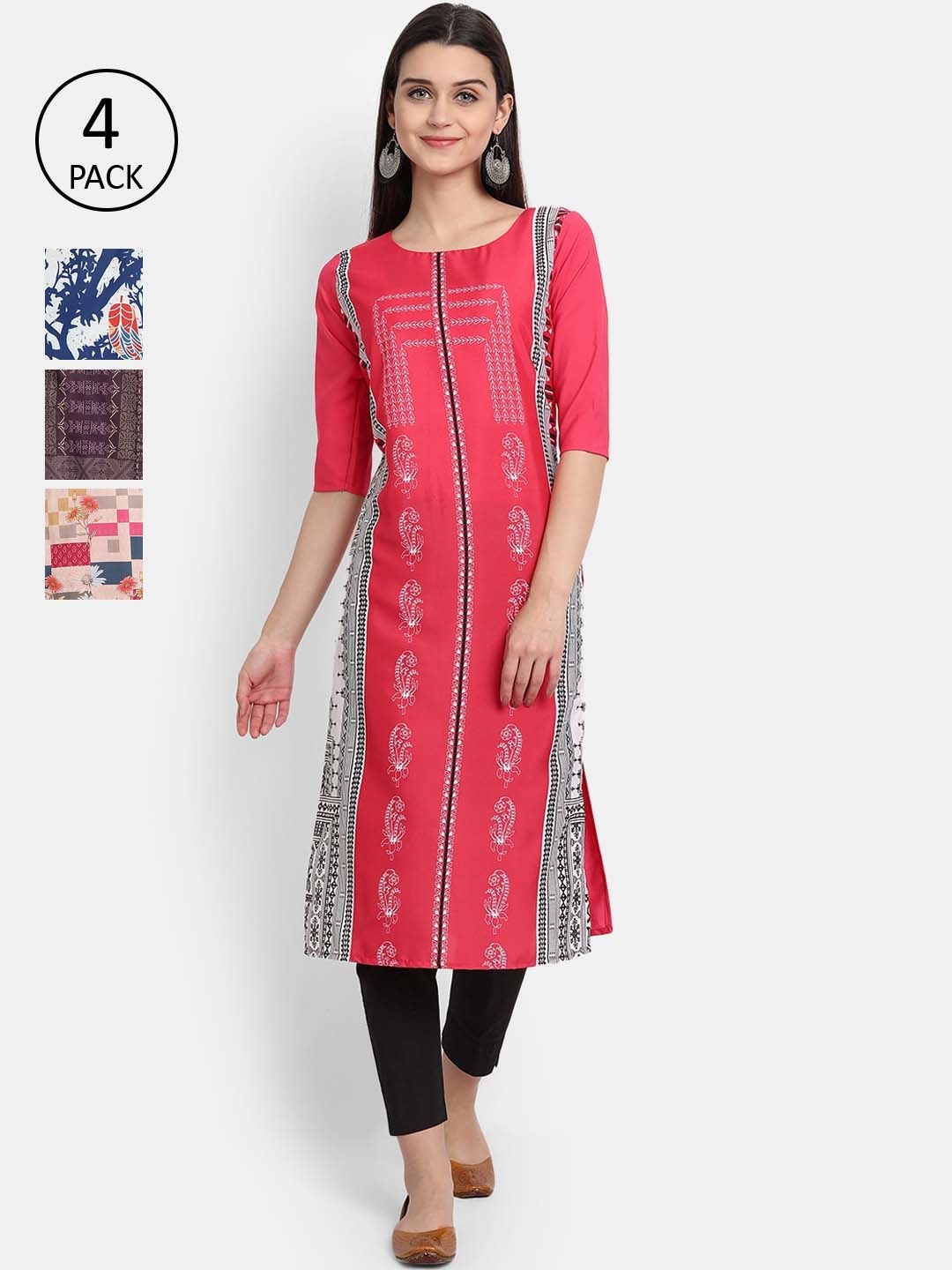 

Ethnic basket Women Pack Of 4 Printed Crepe Kurta, Pink