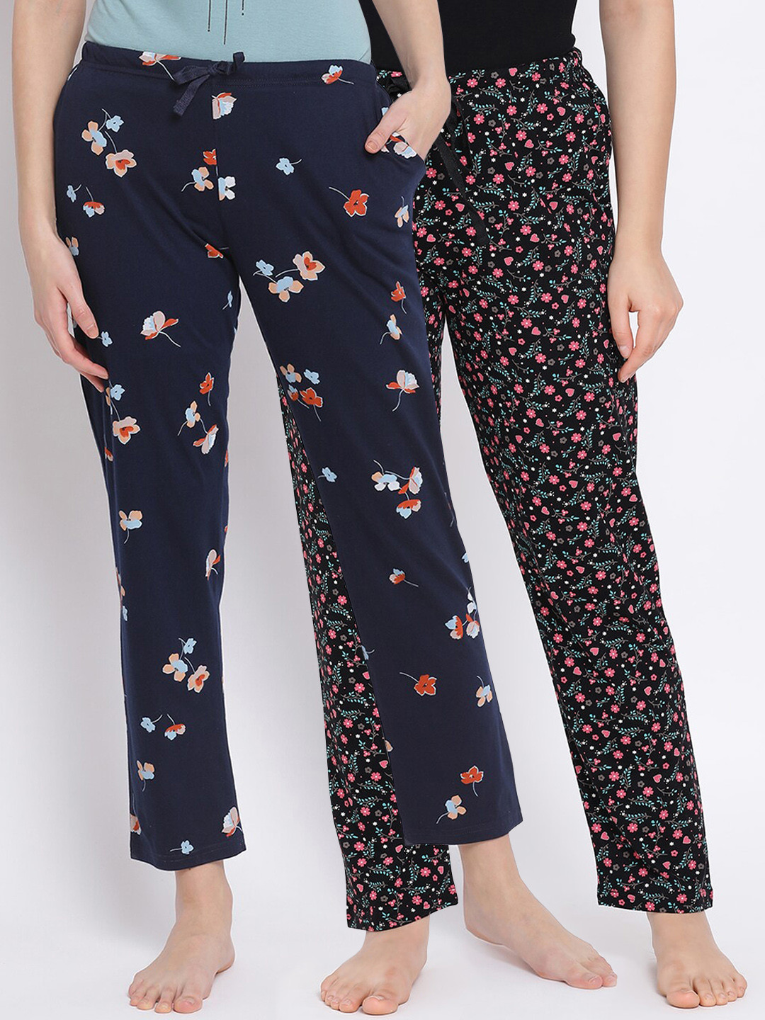 

Kanvin Women Pack Of 2 Printed Pure Cotton Lounge Pants, Black