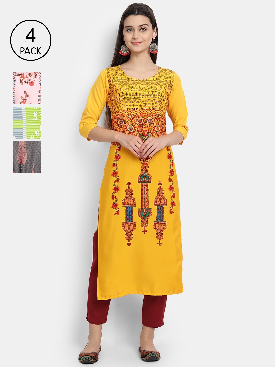 

Ethnic basket Women Multicoloured Pack of 4 Printed Crepe Straight Kurta, Multi