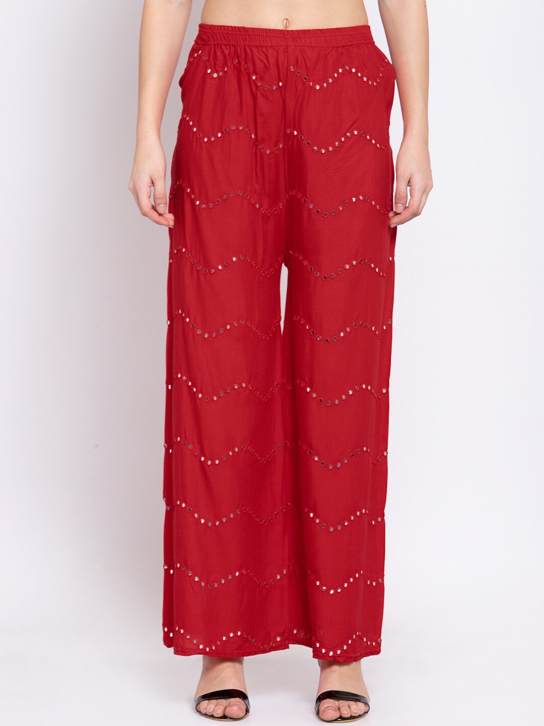 

KLOTTHE Women Red Embroidered Wide Leg Palazzos