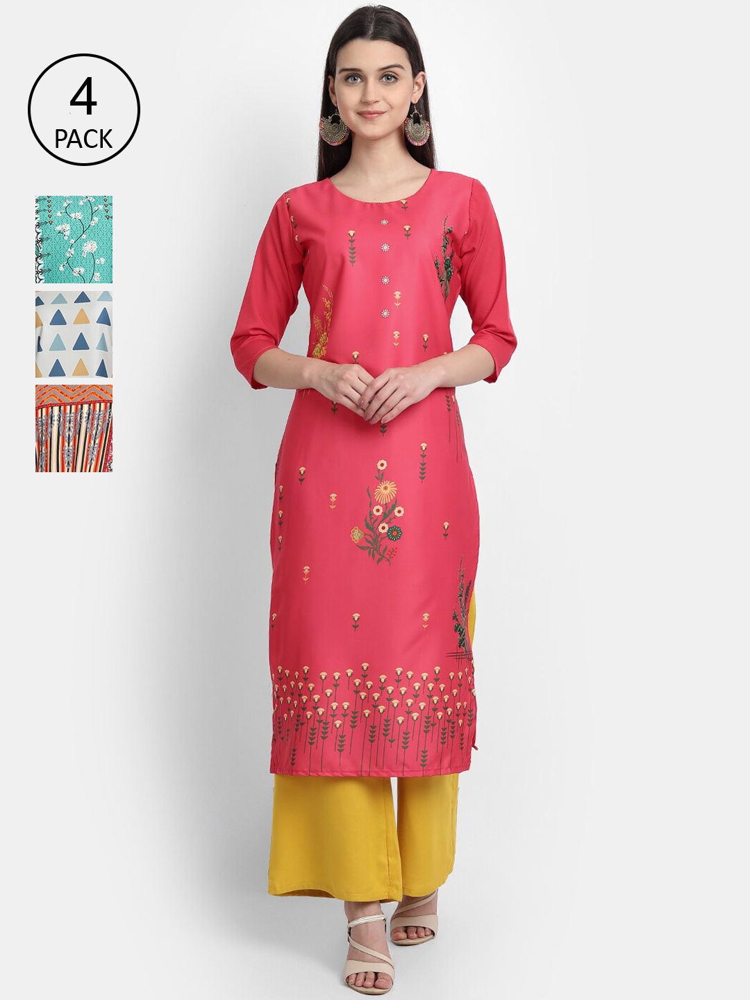 

Ethnic basket Women Pack of 4 Printed Crepe Straight Kurta, Pink