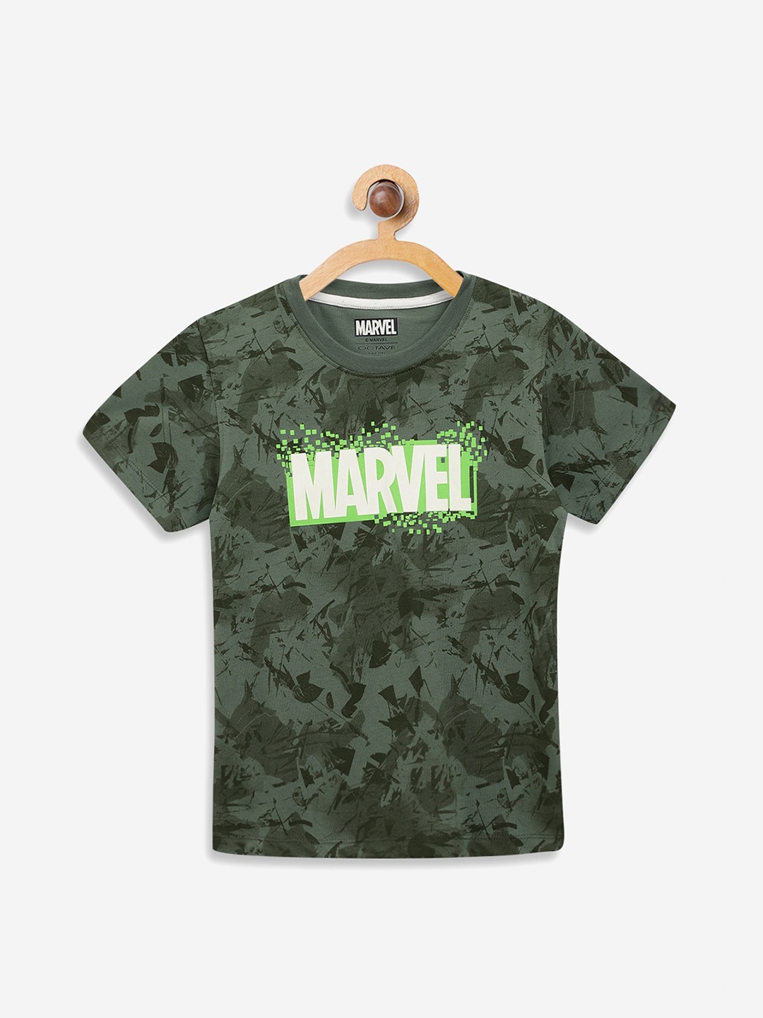 

Octave Boys Olive Green Marvel Print Round Neck Cotton Pure Cotton T-shirt