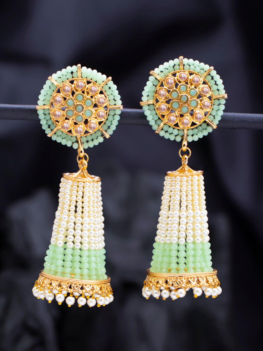 

Sukkhi White & Sea Green Gold-Plated Beaded Chandelier Classic Drop Earrings