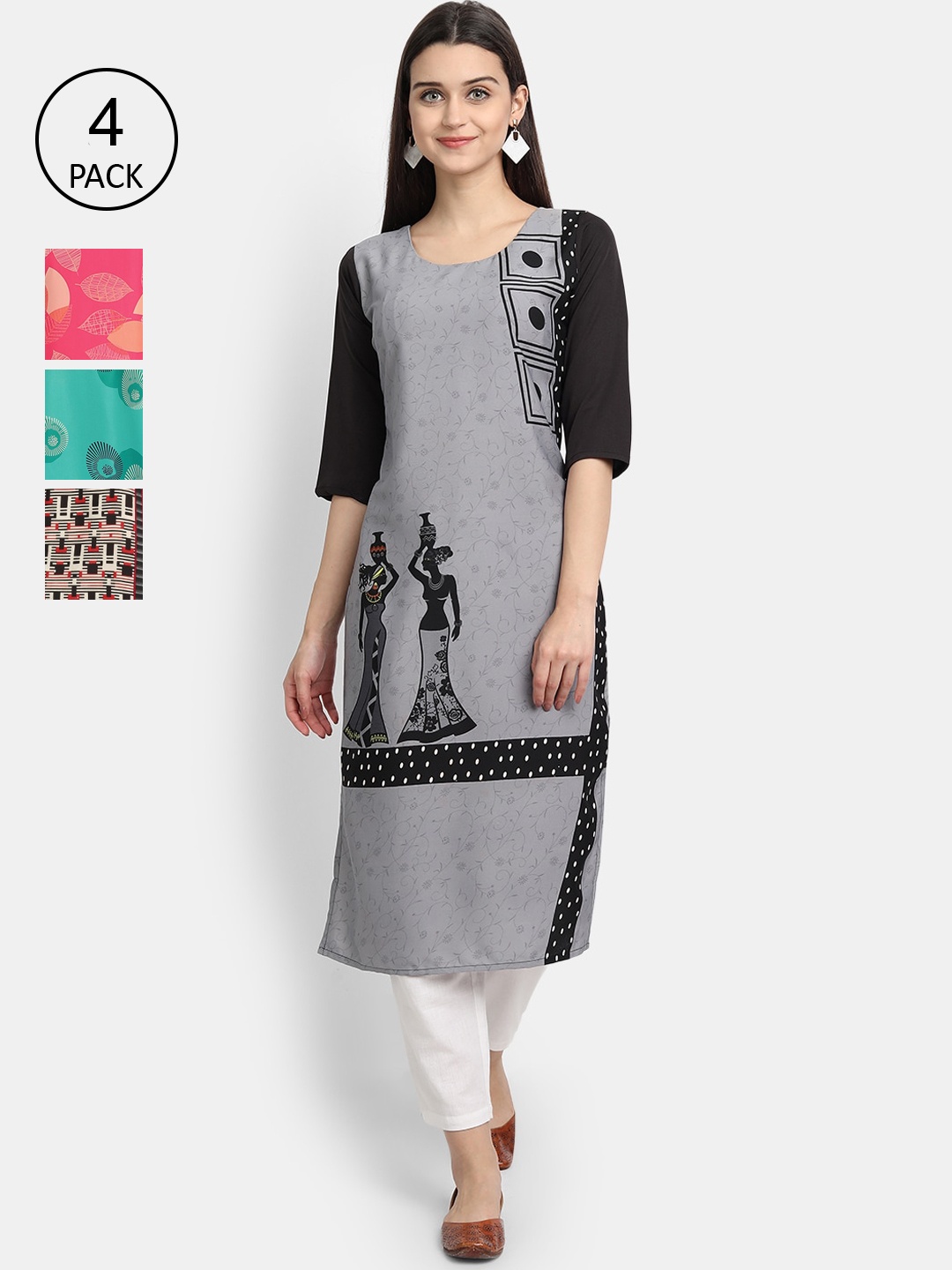 

Ethnic basket Women Pack Of 4 Printed Crepe Kurta, Pink
