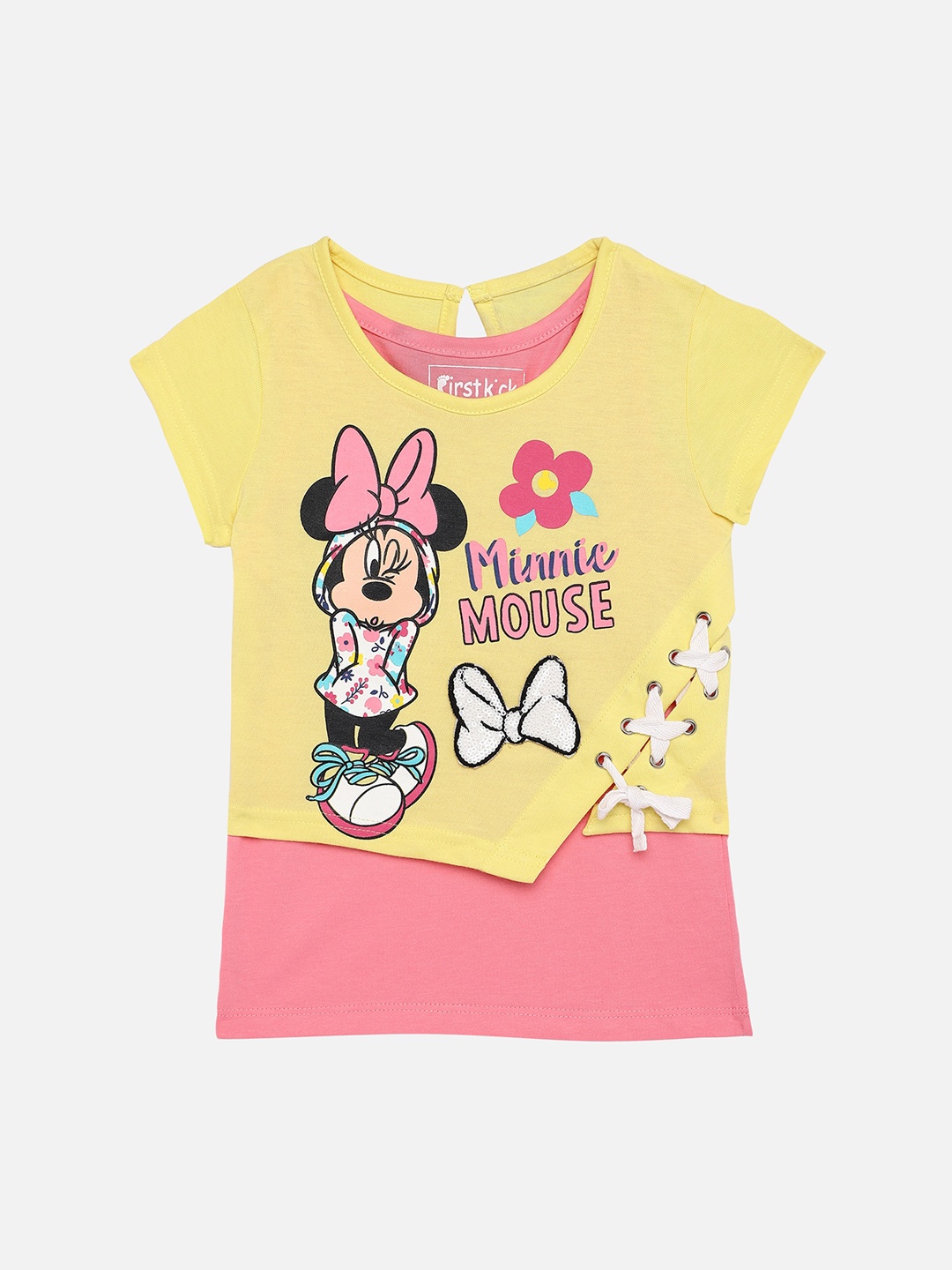 

First Kick Girls Yellow & Pink Minnie Mouse Printed Regular Top