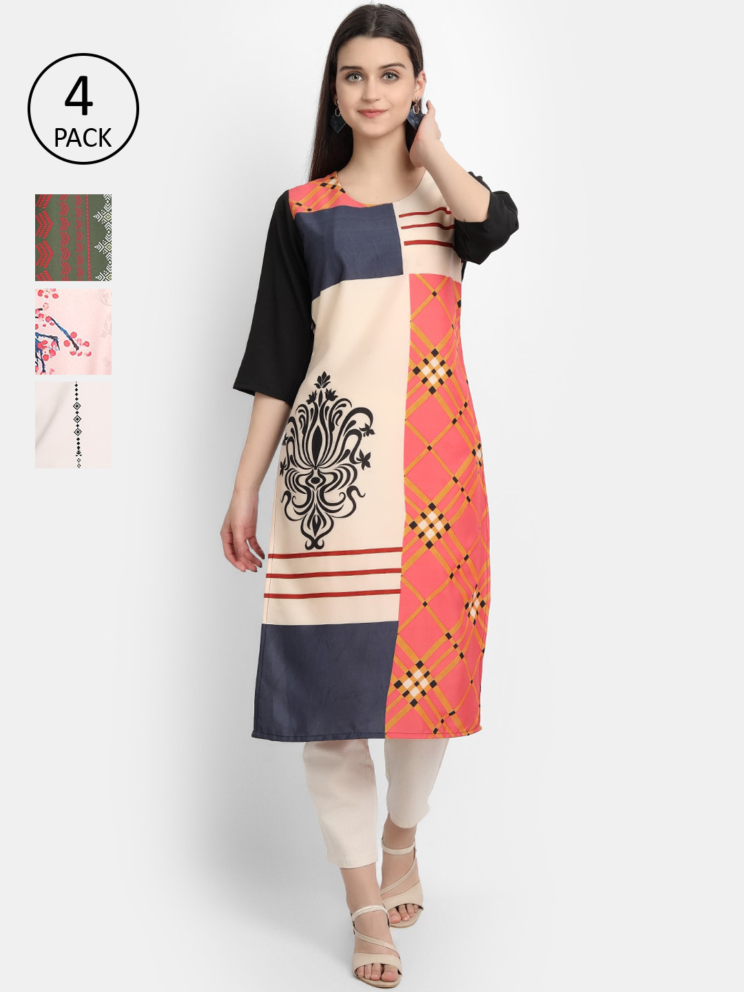 

Ethnic basket Women Multicoloured Pack of 4 Printed Crepe Straight Kurta, Multi