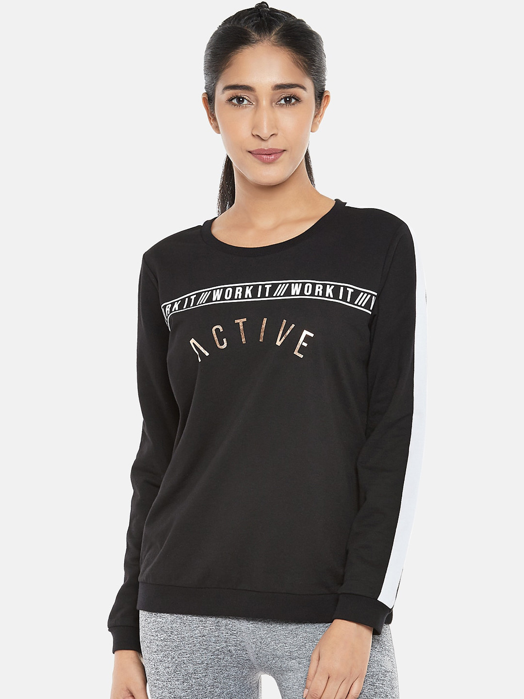 

Ajile by Pantaloons Women Black& White Typography Print Cotton Sweatshirt