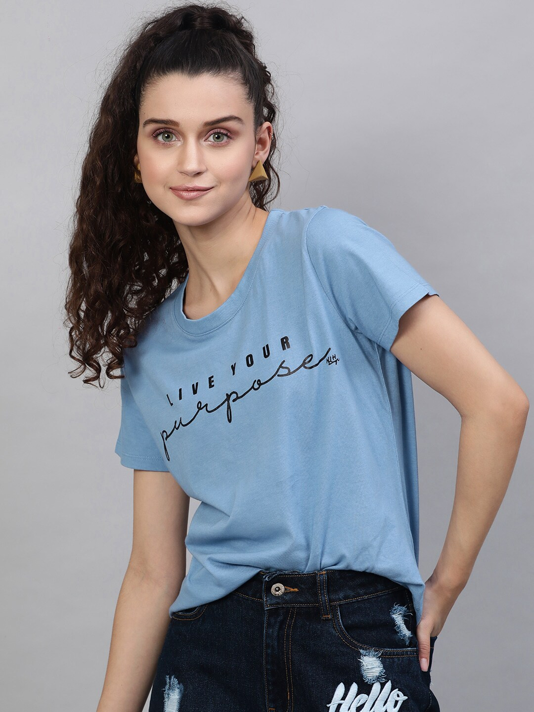 

STREET 9 Women Blue Printed Round Neck Pure Cotton T-shirt