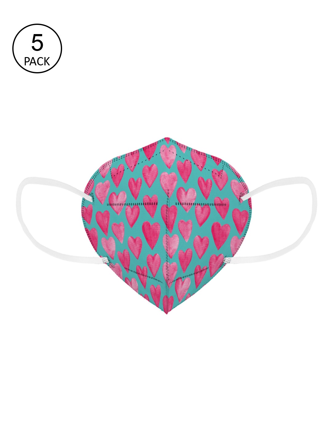 

Status Pack Of 5 Pink & Sea-Green Heart Printed 4-Ply Outdoor Face Masks