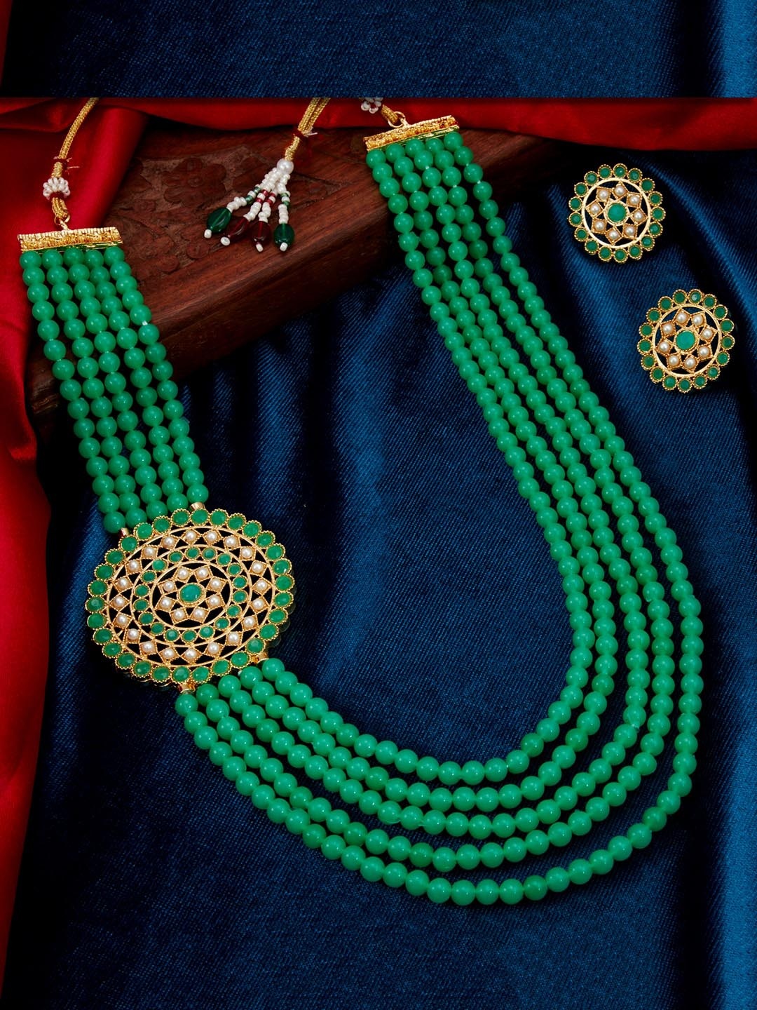Sukkhi Gold-Plated Lime-Green Pearl Long Haram Necklace Jewellery Set