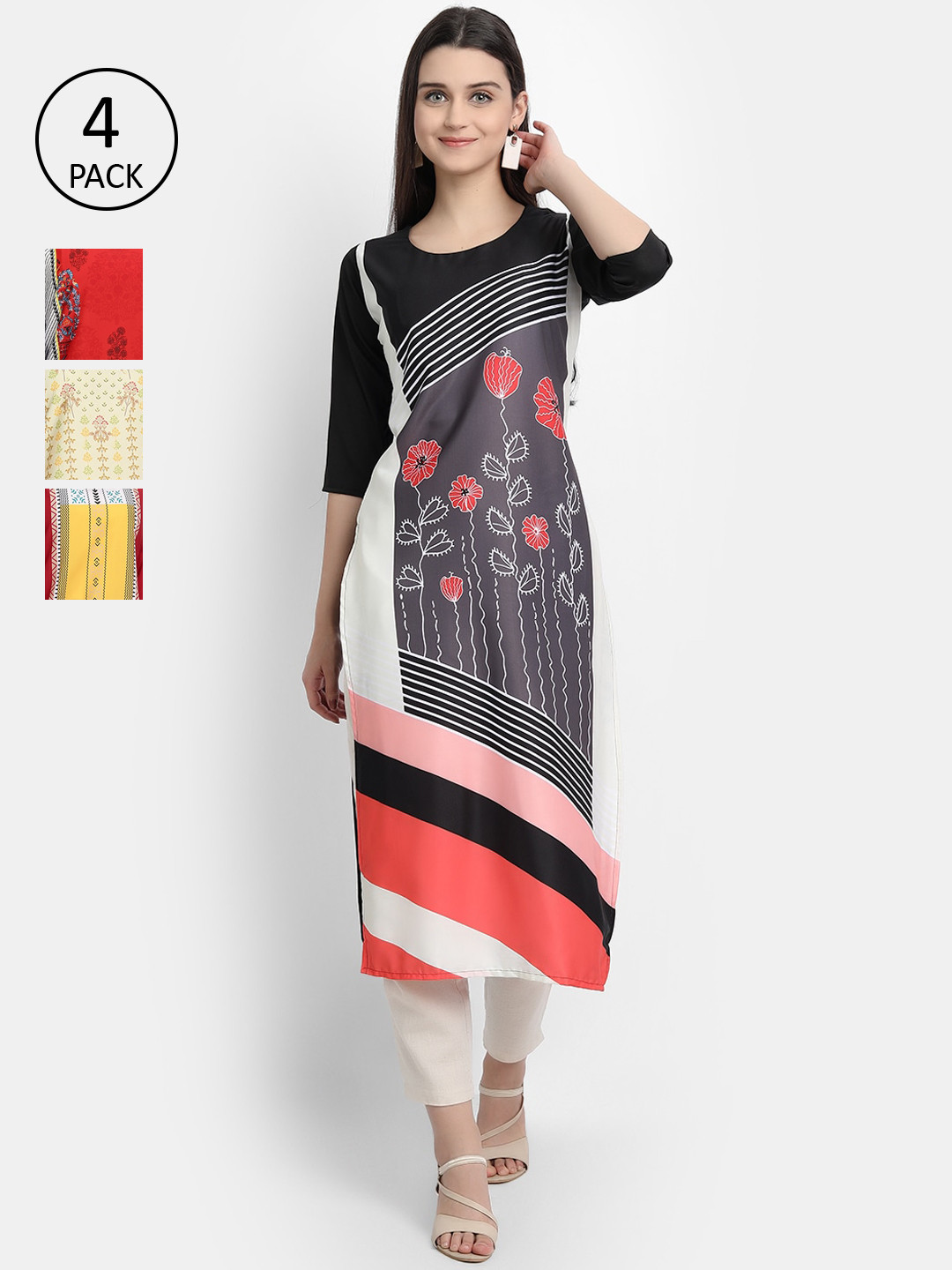 

Ethnic basket Women Pack of 4 Printed Crepe Straight Kurta, Black