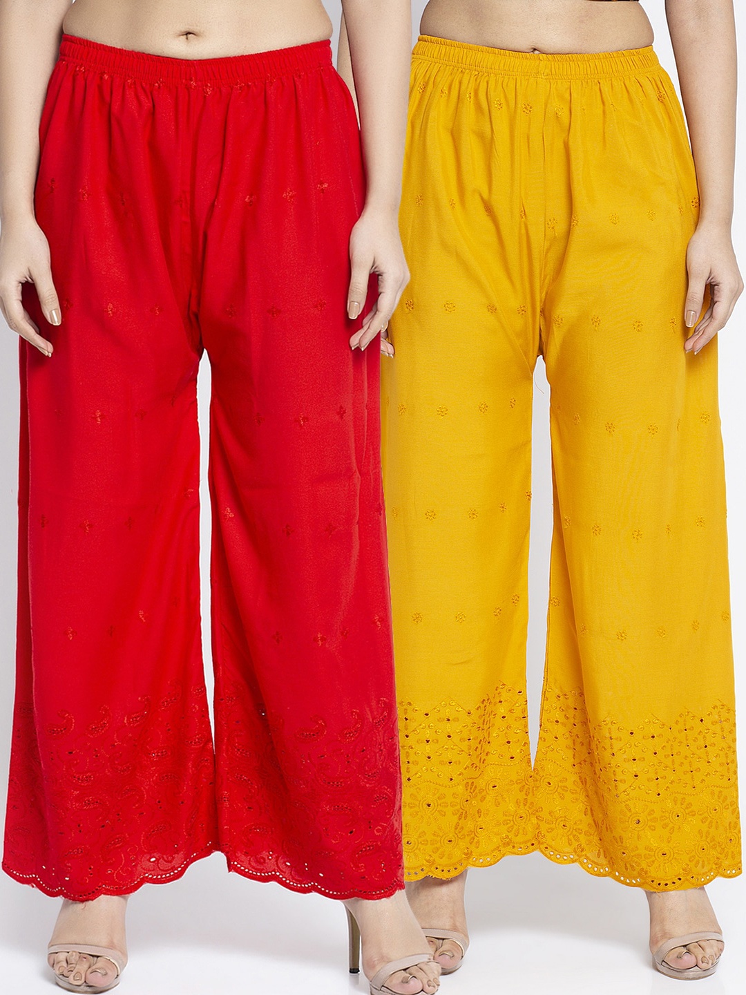 

GRACIT Women Red & Yellow Set of 2 Embroidered Flared Palazzos