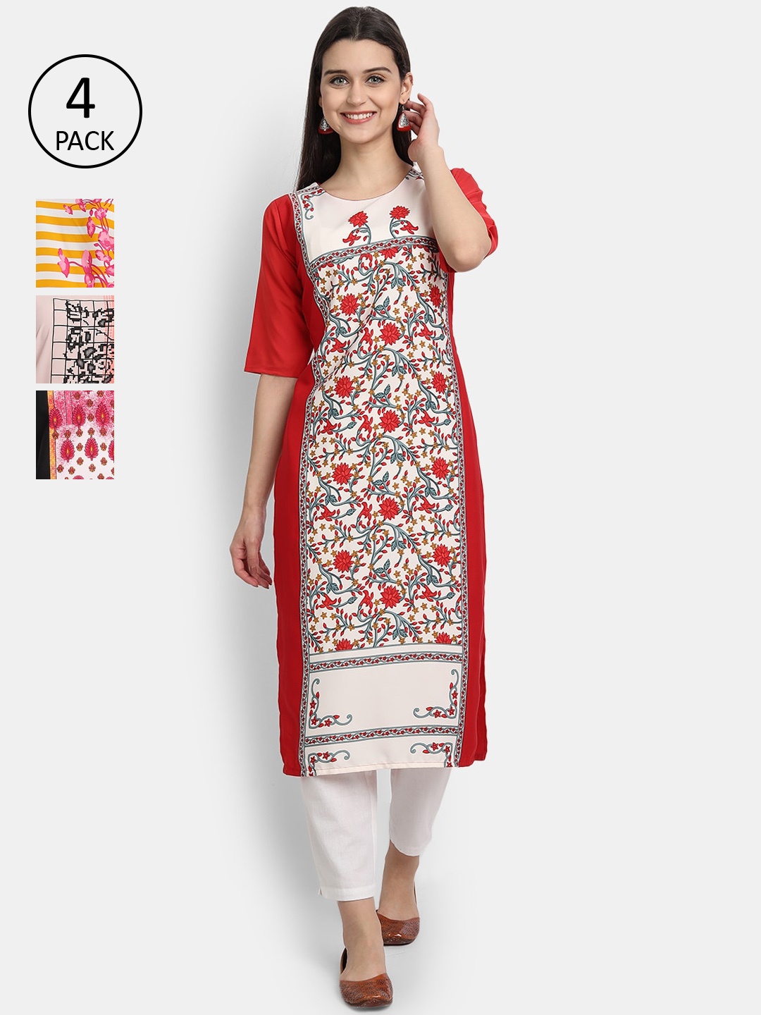 

Ethnic basket Women Pack of 4 Floral Printed Crepe Straight Kurta, Red