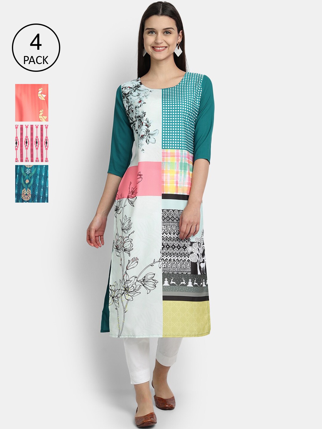 

Ethnic basket Women Pack Of 4 Printed Crepe Kurtas, Multi