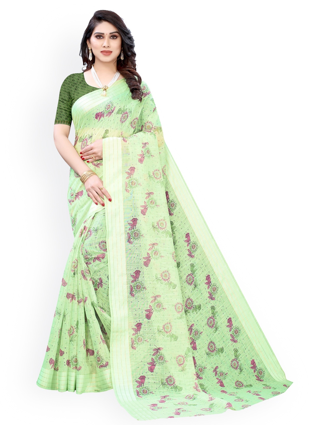 

KALINI Green & Purple Polycotton Printed Saree