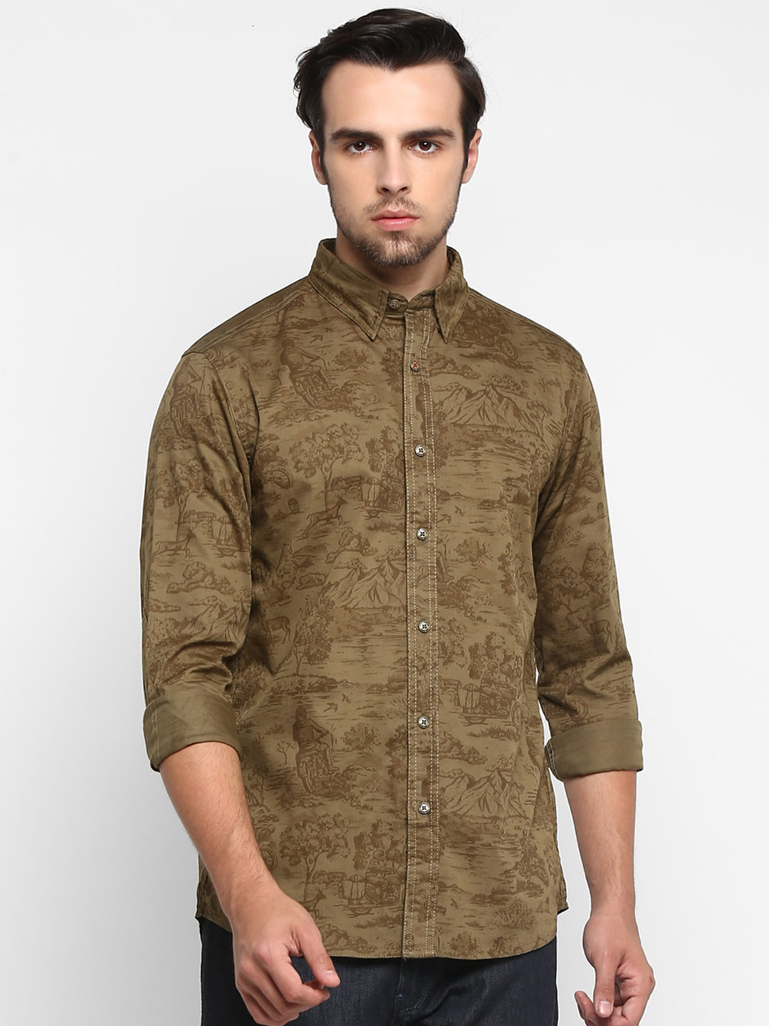 

Royal Enfield Men Olive Green Regular Fit Printed Casual Shirt