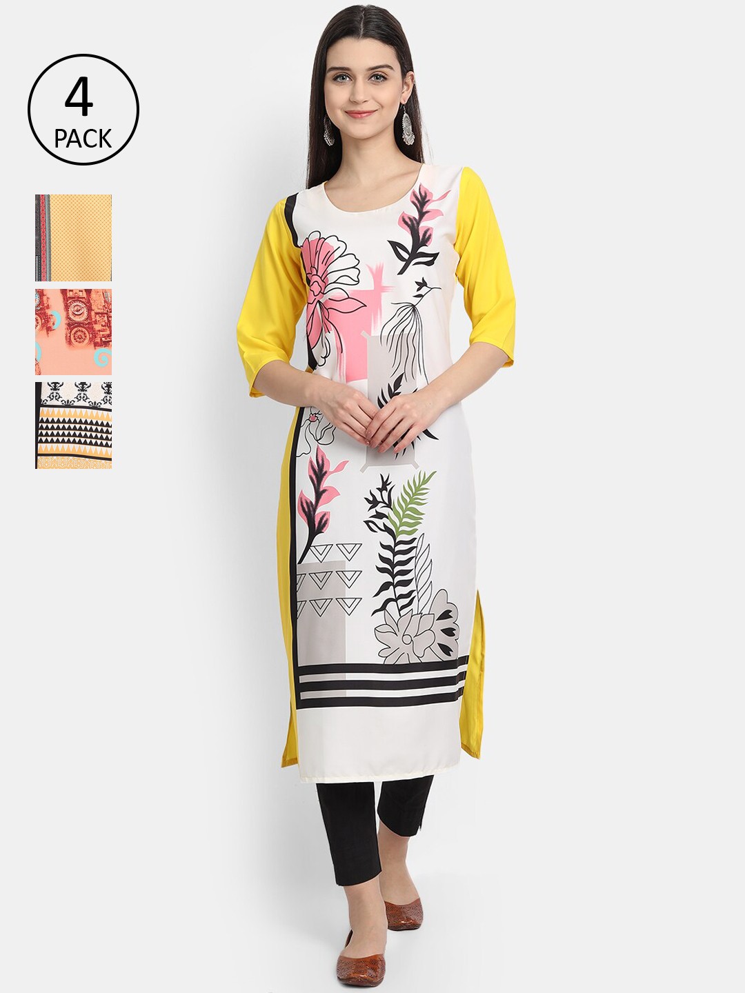 

Ethnic basket Women Pack Of 4 Multicoloured Floral Printed Crepe Kurta, Multi