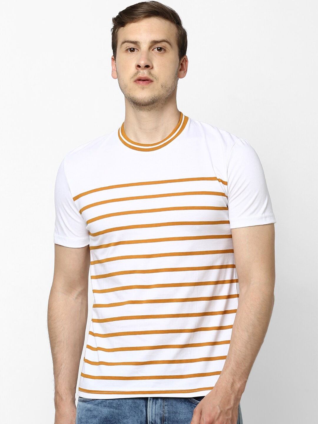 

Celio Men White Mustard Yellow Striped Round Neck Pure Cotton T-shirt