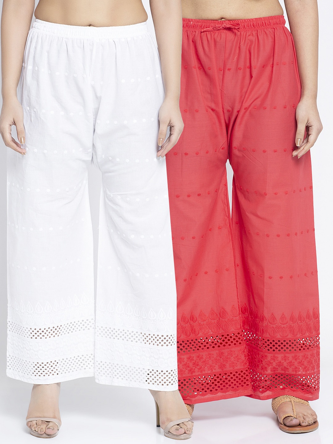 

GRACIT Women White & Coral Set of 2 Embroidered Wide Leg Palazzos