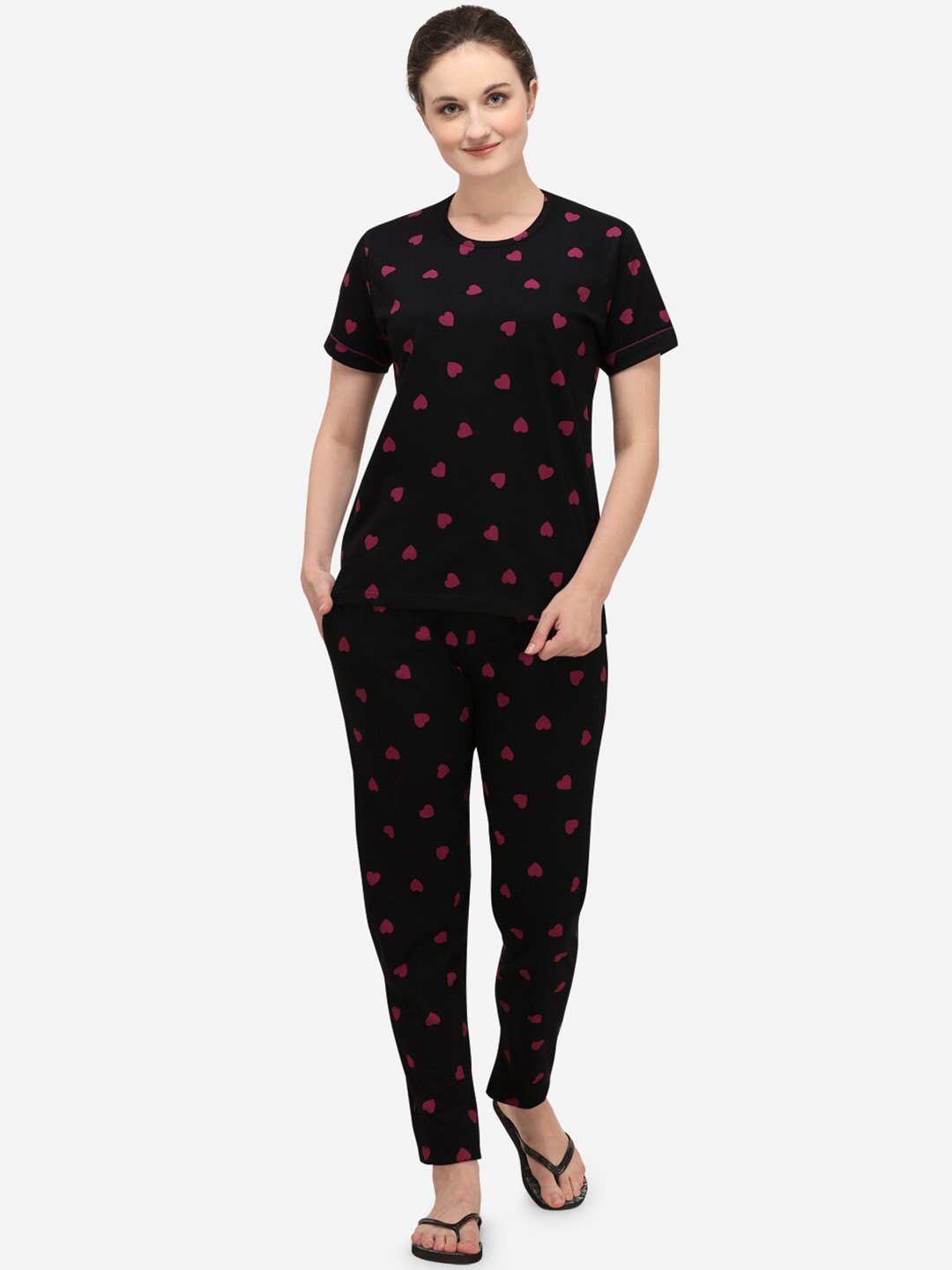 

Lenissa Women Black & Pink Printed Cotton Night Suit