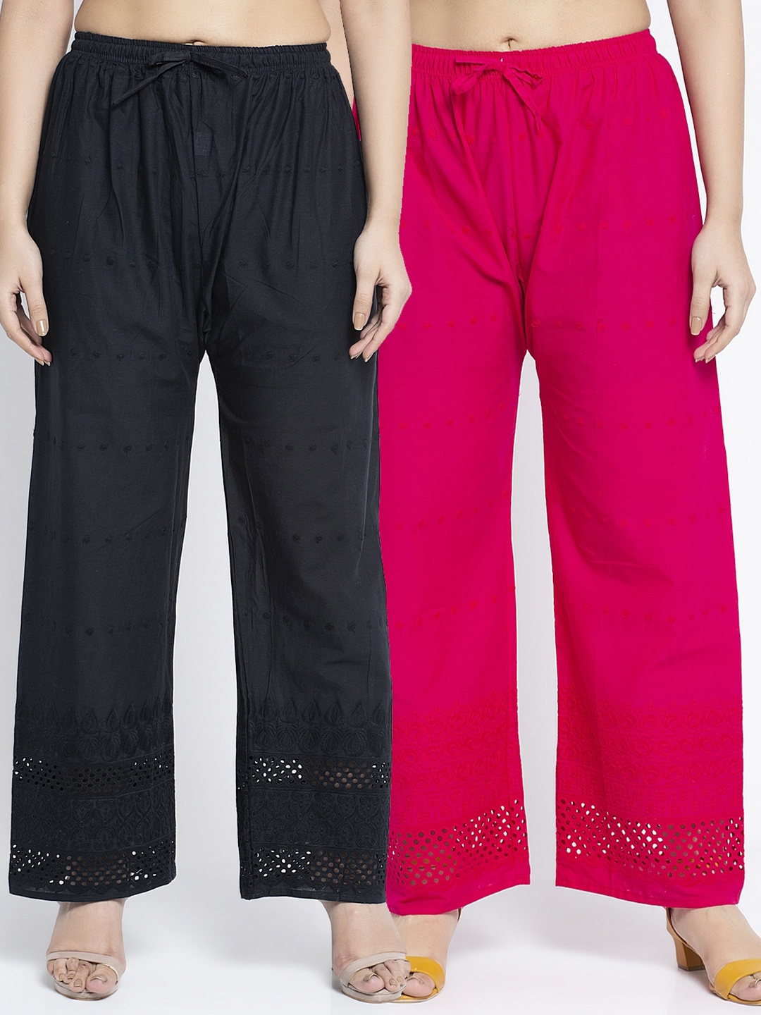 

GRACIT Women Pack of 2 Embroidered Wide Leg Palazzos, Black