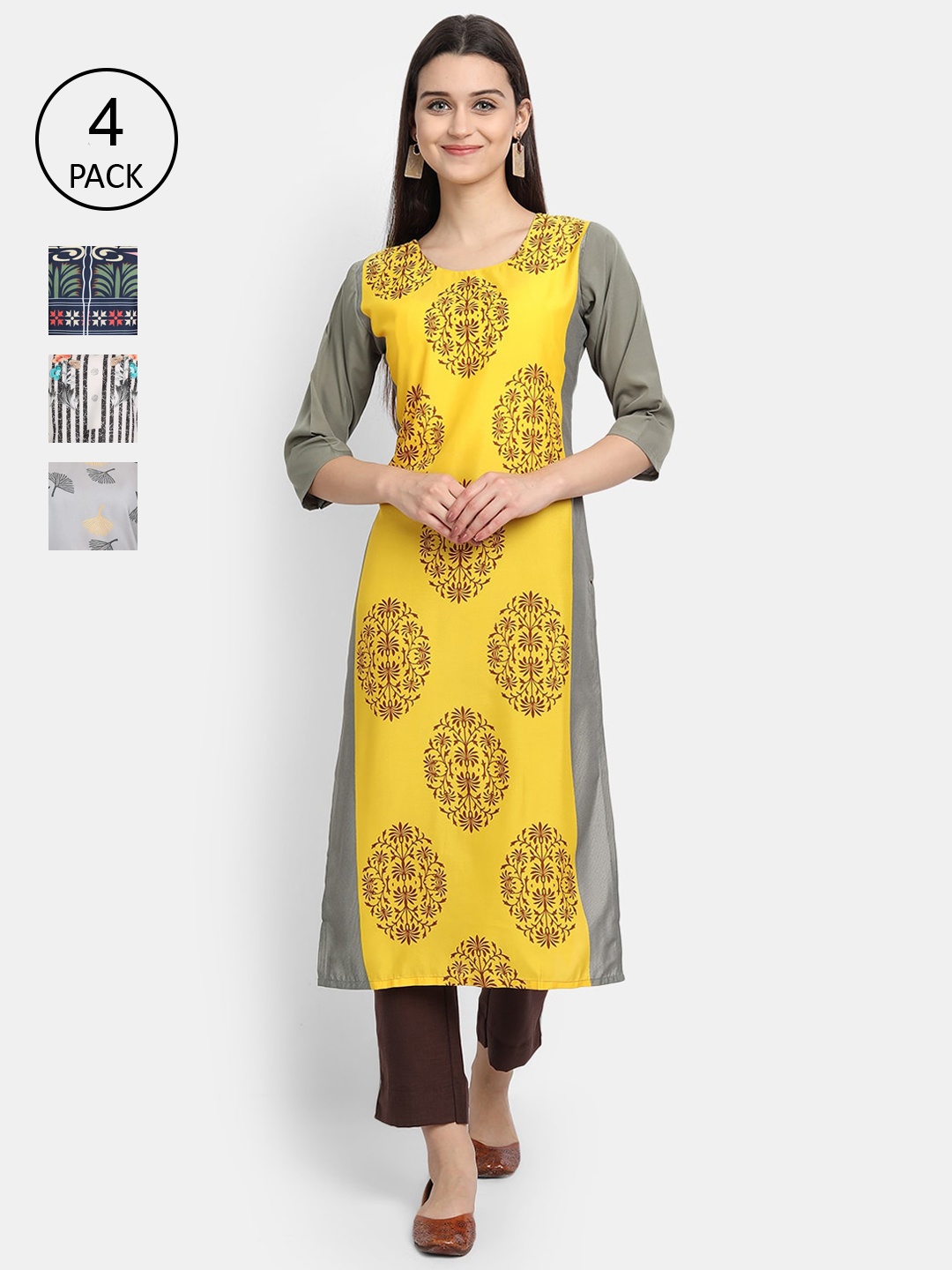 

Ethnic basket Women Pack of 4 Multicoloured Geometric Printed Crepe Kurta, Multi