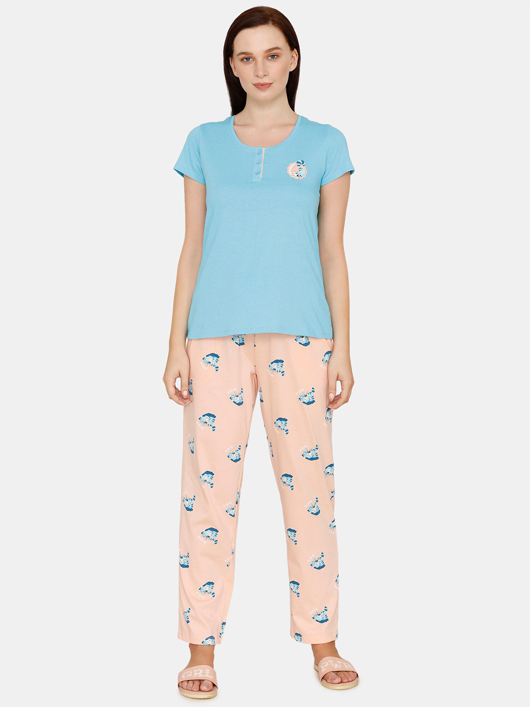 

Zivame Women Blue & Peach-Coloured Solid Pure Cotton Night Suit