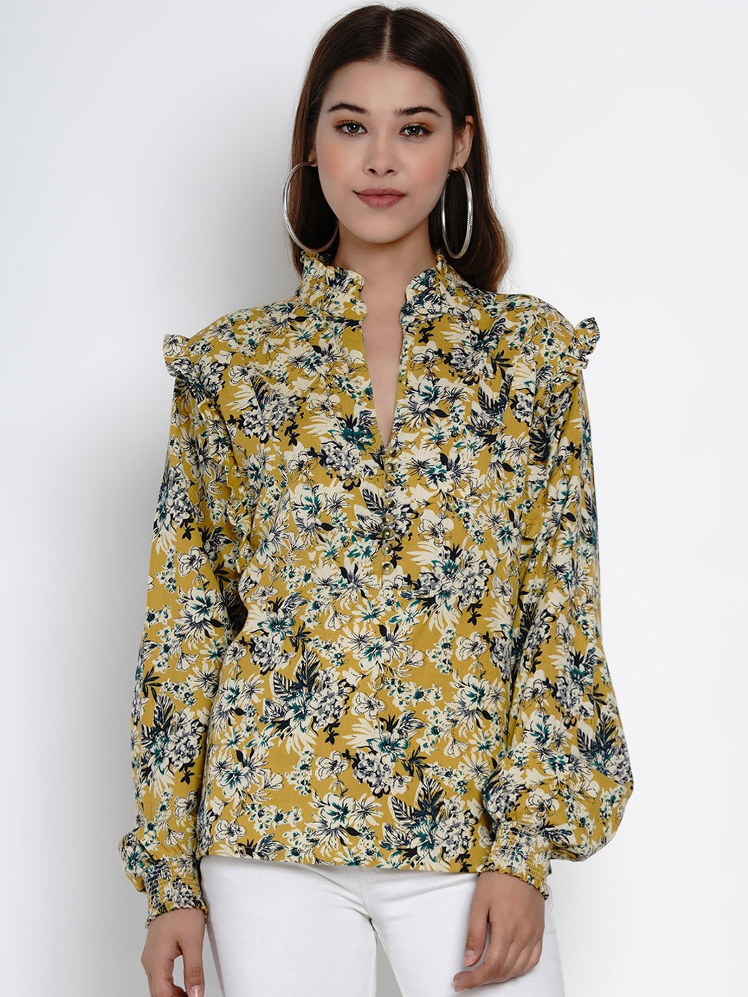 

Costura Mustard Floral Mandarin Collar Regular Top
