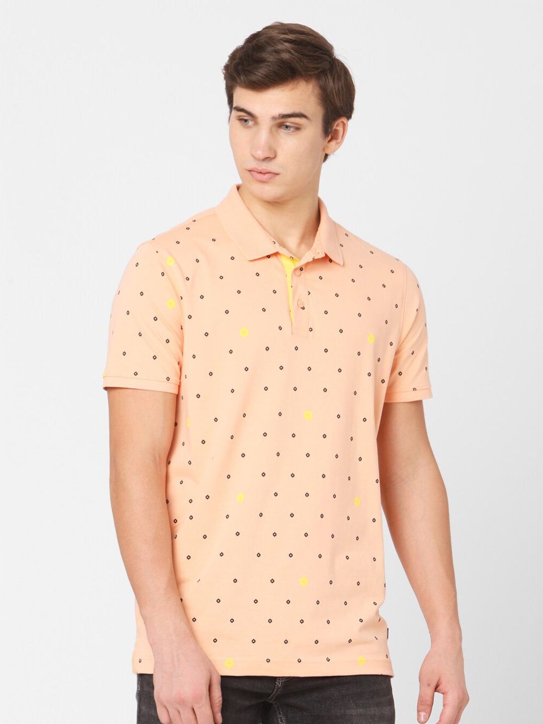 

SPYKAR Men Peach-Coloured Printed Polo Collar Slim Fit T-shirt