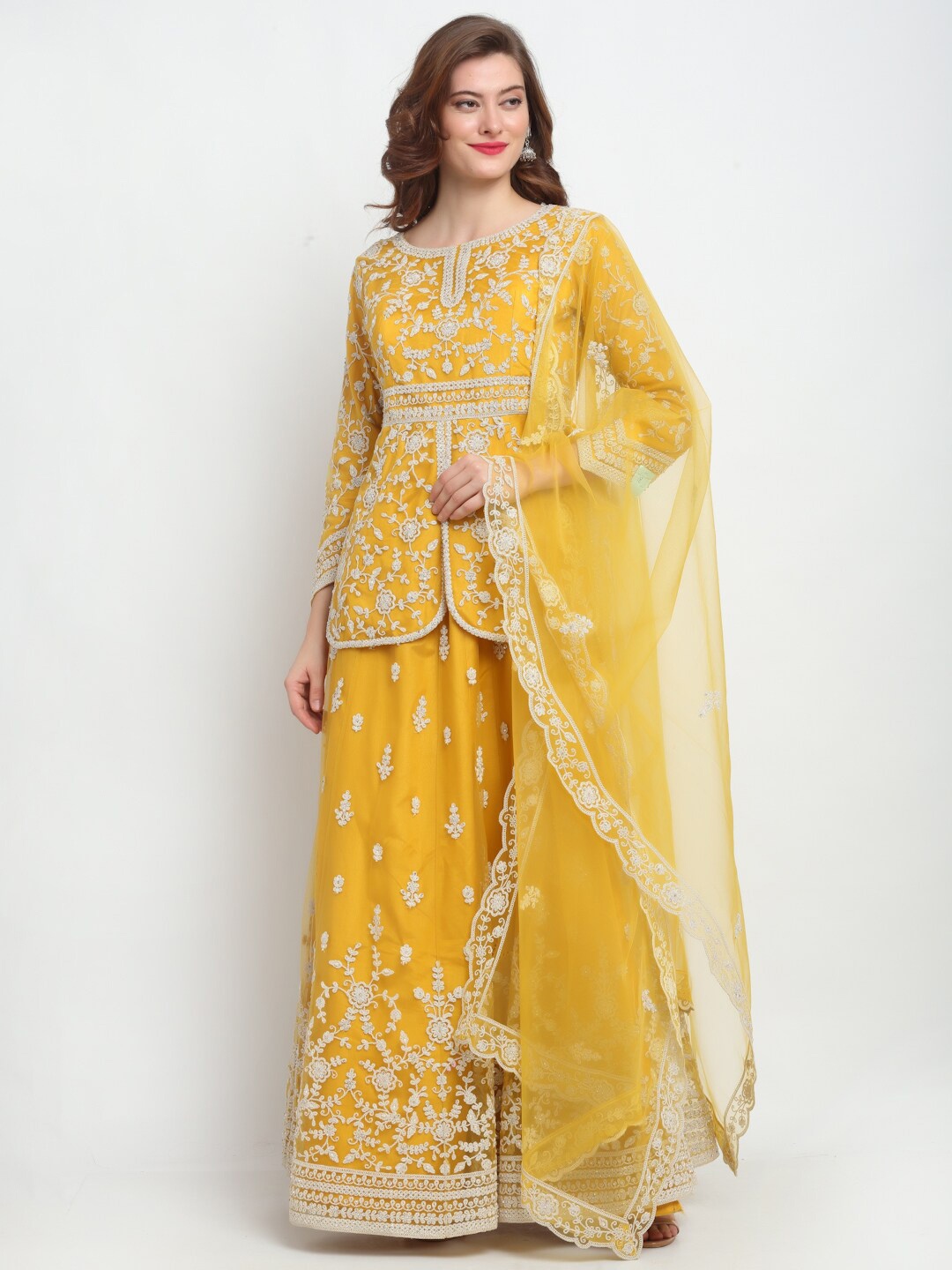 

Stylee LIFESTYLE Yellow & White Net Semi-Stitched Dress Material