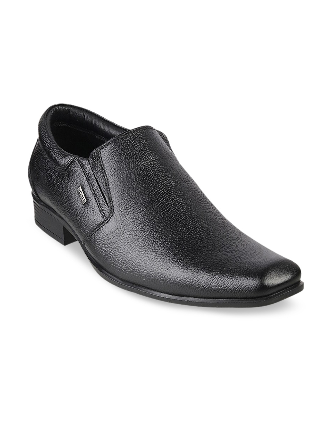 

Mochi Men Black Solid Leather Formal Slip-Ons