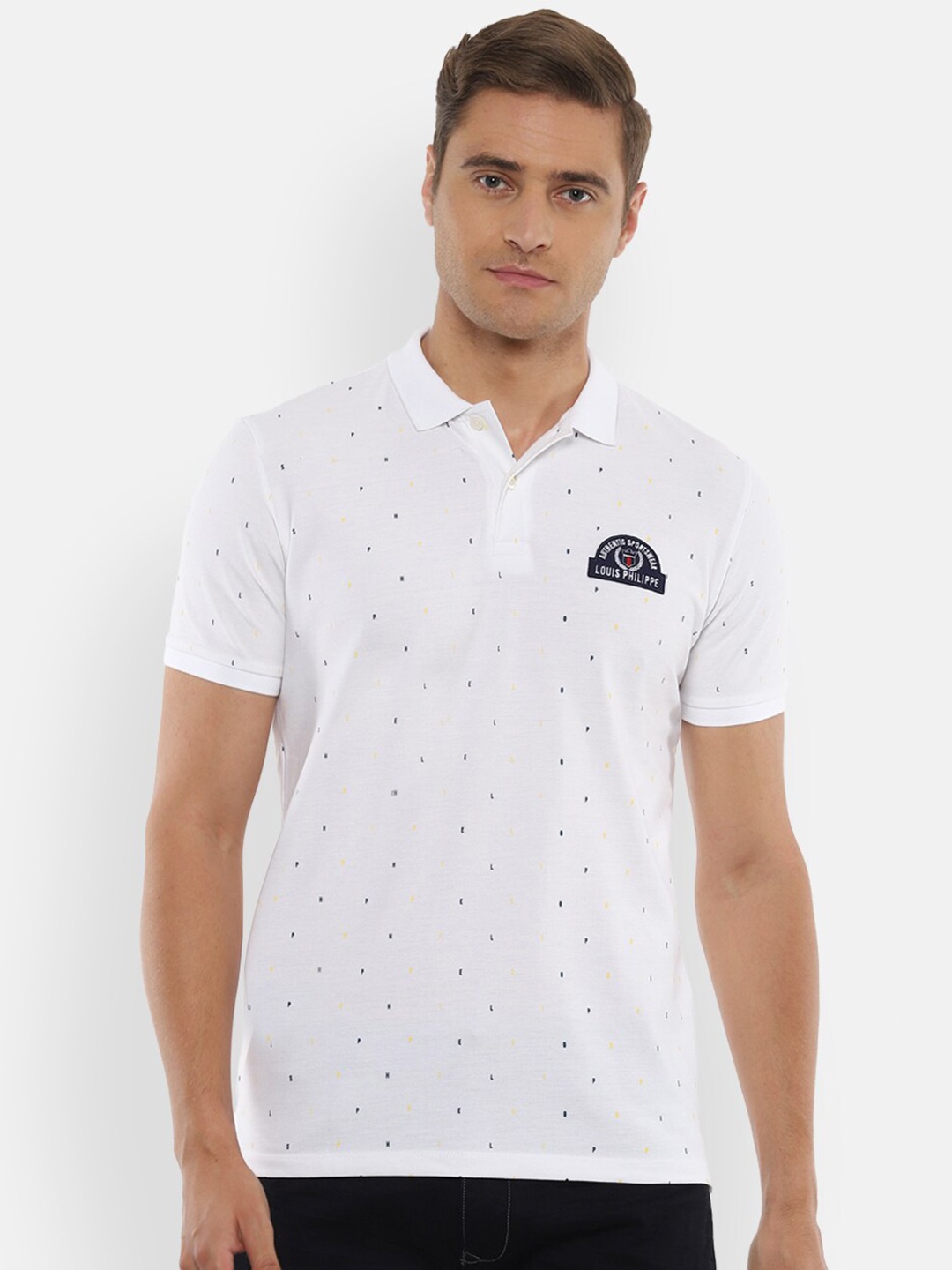

Louis Philippe Sport Men White Printed Polo Collar Pure Cotton Pure Cotton T-shirt