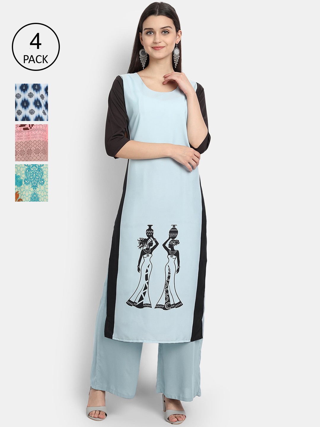 

Ethnic basket Women Pack Of 4 Printed Crepe Kurta, Blue