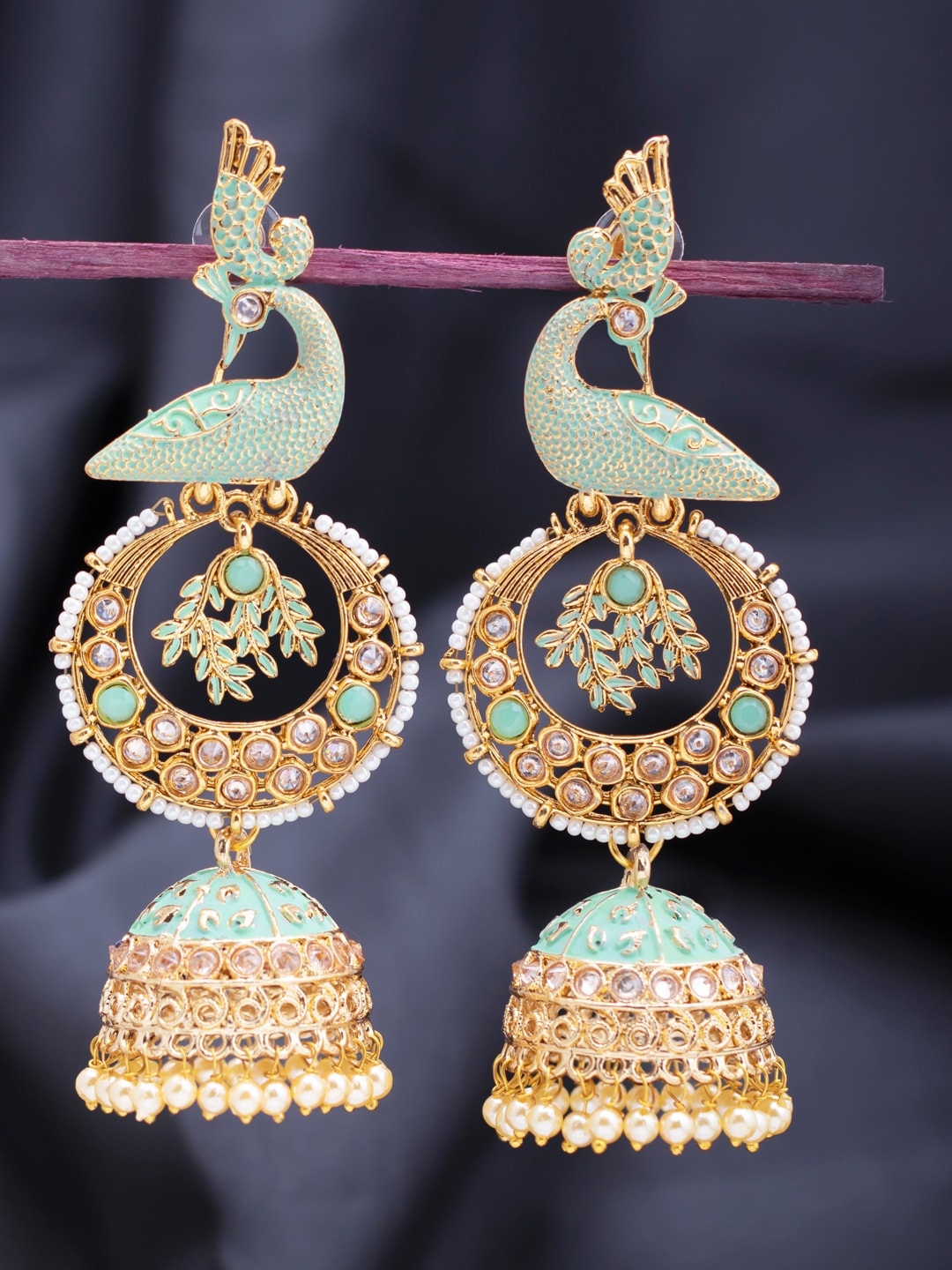 Sukkhi Sea Green Gold-Plated Beaded Meenakari Peacock Shaped Jhumkas