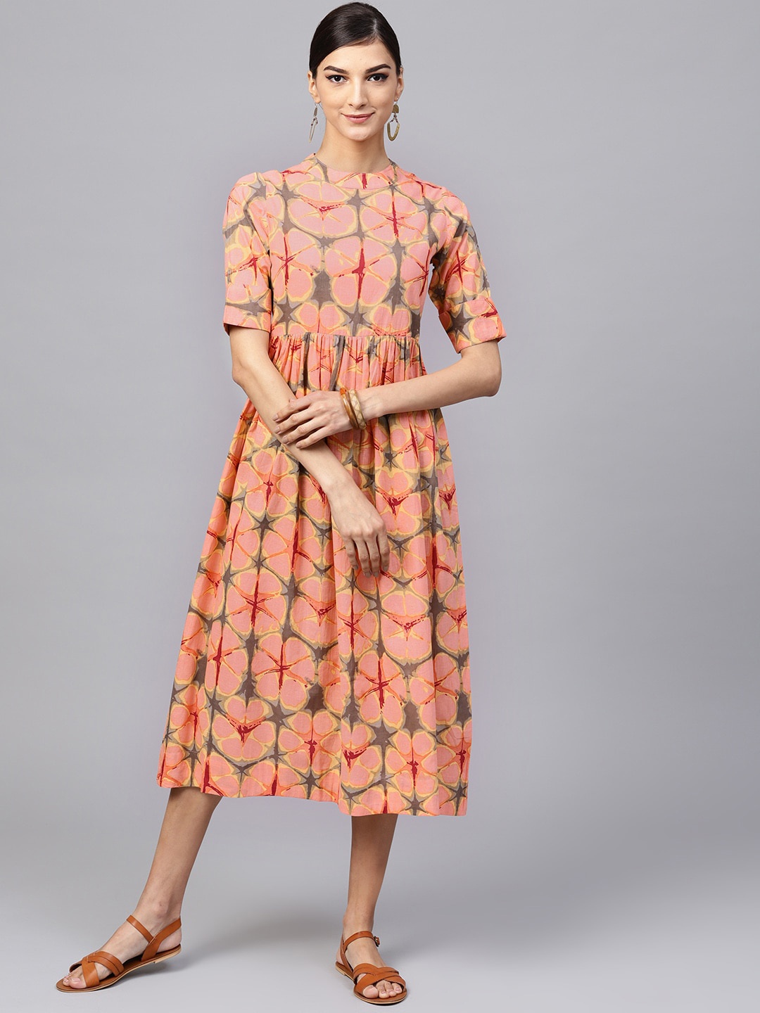 

Indo Era Coral Red Ethnic Motifs A-Line Midi Cotton Dress