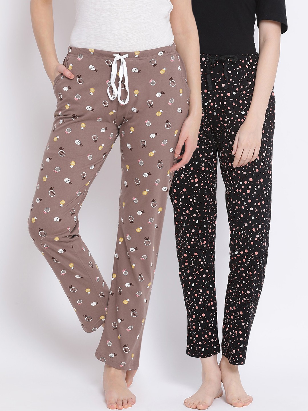 

Kanvin Women Pack Of 2 Printed Pure Cotton Lounge Pants, Brown
