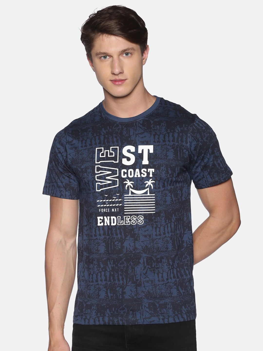 

Force NXT Men Printed Pack of 1 Super Combed Cotton T-Shirt, Navy blue
