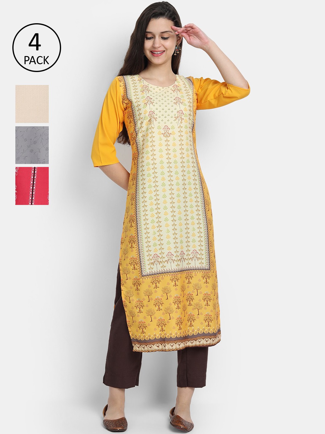 

Ethnic basket Women Pack Of 4 Multicoloured Floral Printed Crepe Kurta, Multi