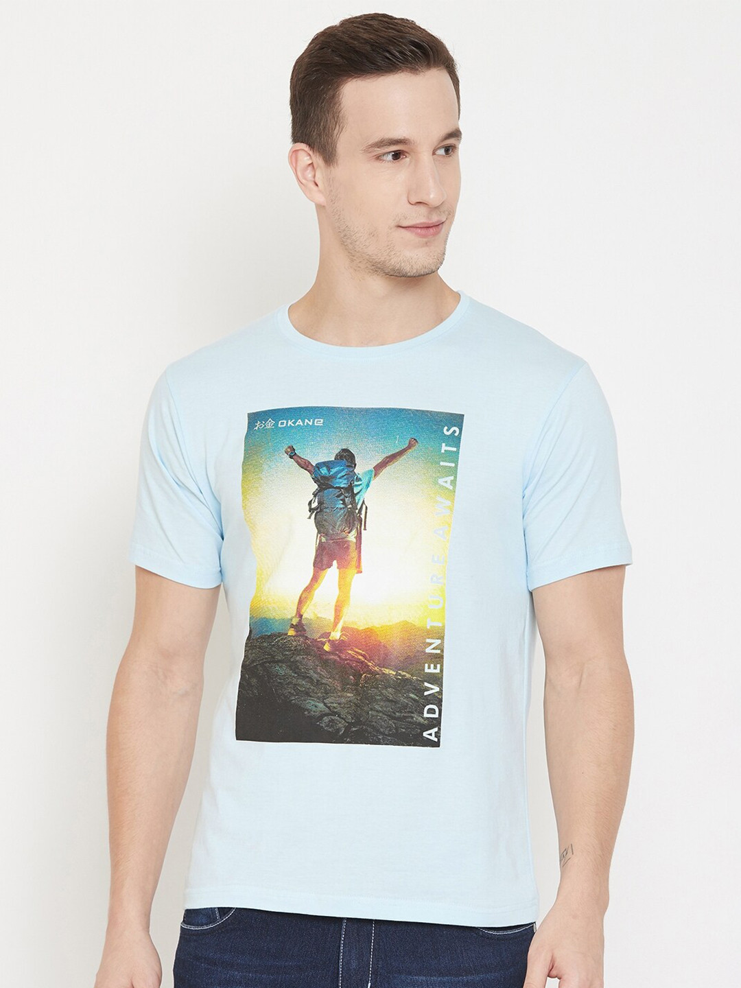 

Okane Men Blue Printed Round Neck T-shirt