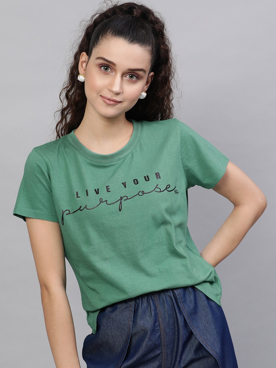 

STREET 9 Women Green Printed Round Neck Pure Cotton T-shirt