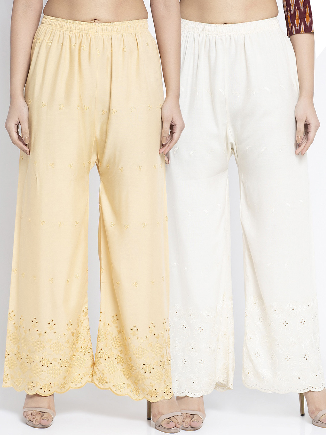 

GRACIT Women Pack Of 2 Beige & Off-White Embroidered Wide Leg Palazzos