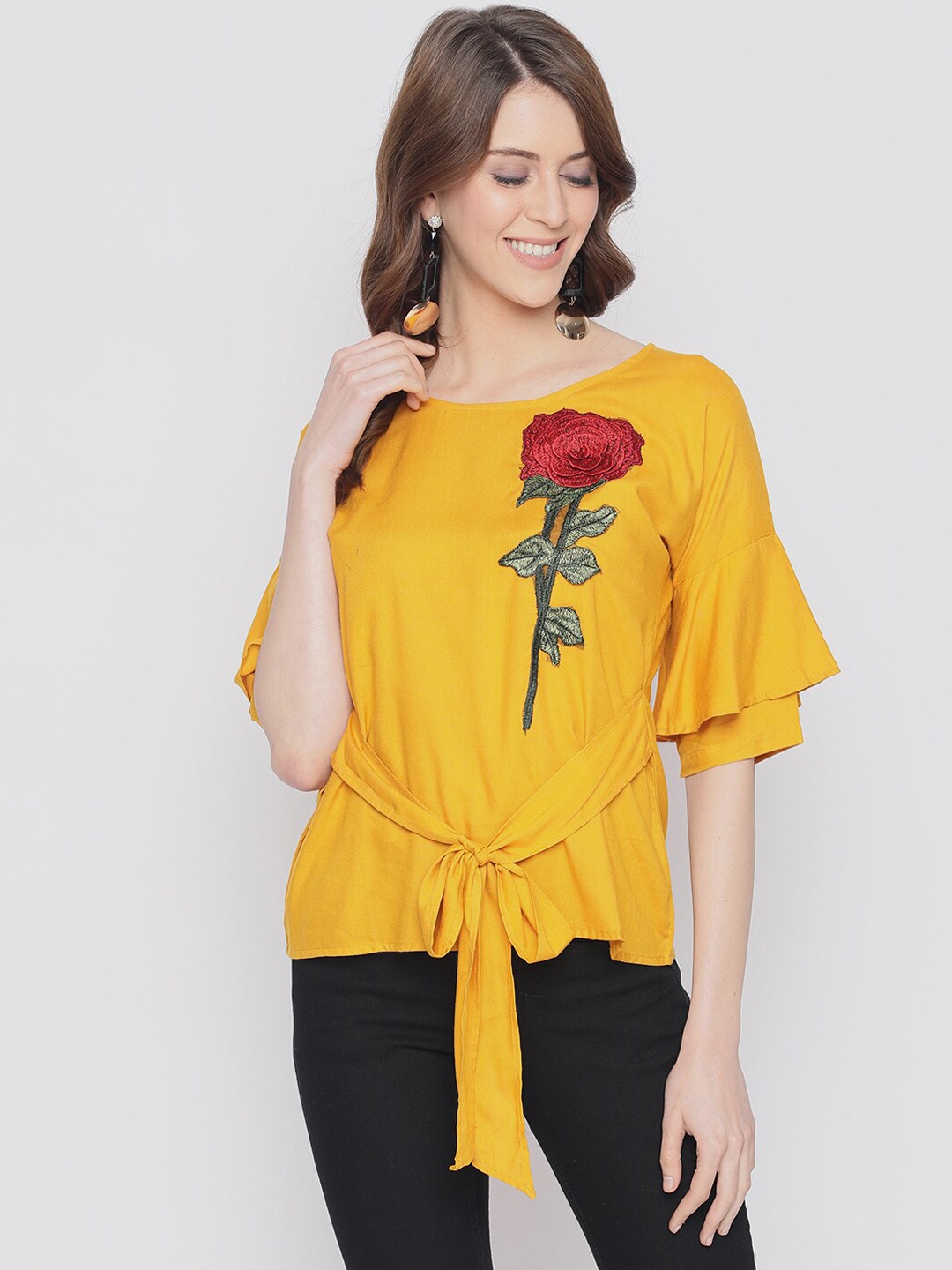 AKIMIA Mustard Floral Embroidered Regular Top