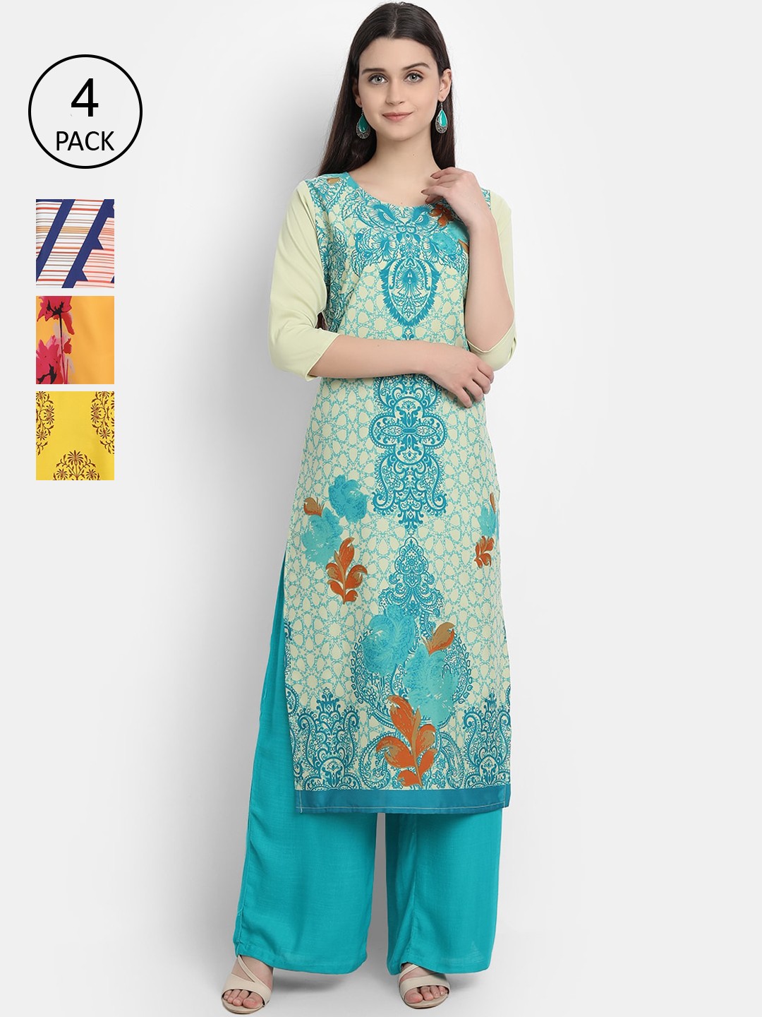 

Ethnic basket Women Pack Of 4 Printed Crepe Kurtas, Green