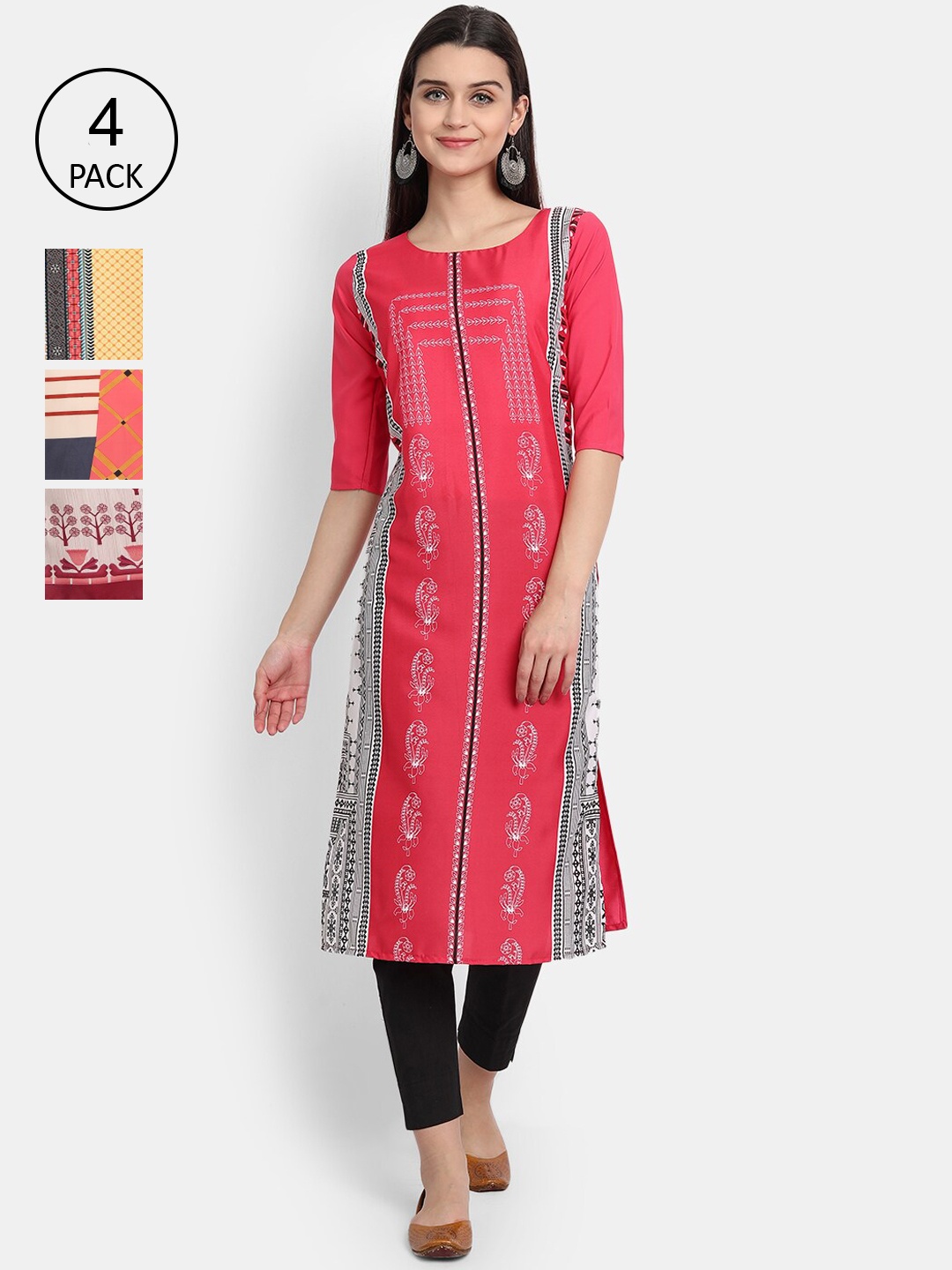

Ethnic basket Women Pack of 4 Printed Crepe Kurtas, Pink