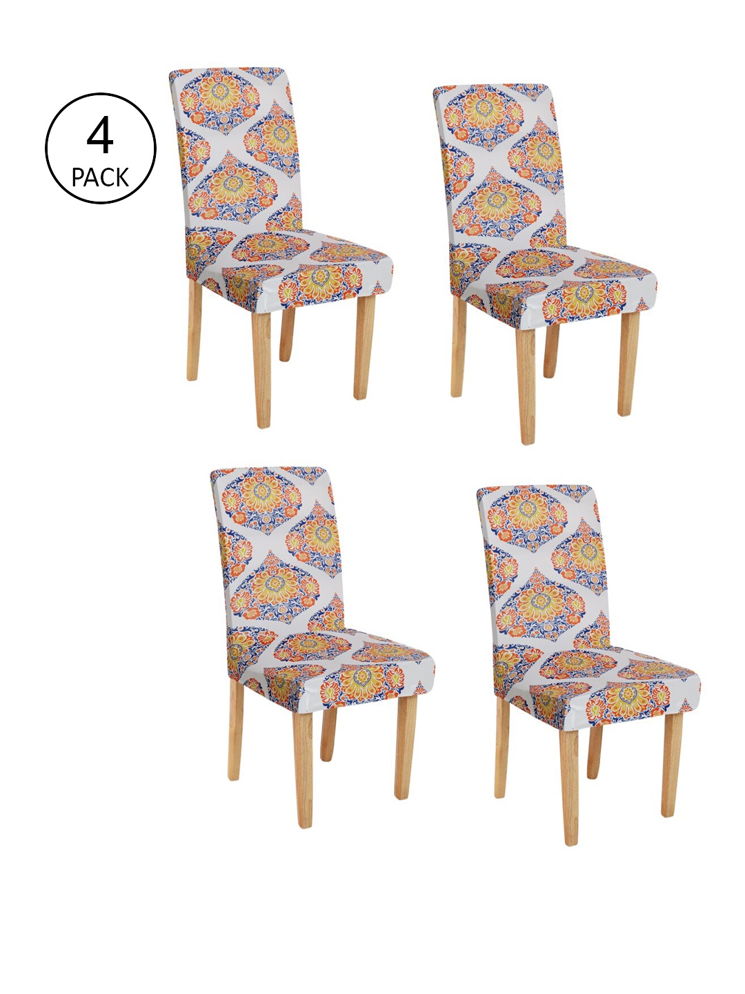 

Rajasthan Decor Set Of 4 Cream-Coloured & Orange Ethnic Printed Chair Covers