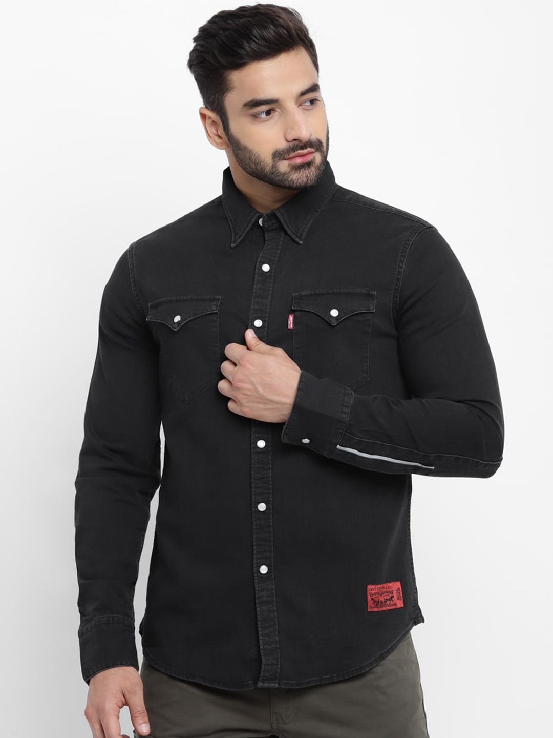 

Royal Enfield Men Black Regular Fit Solid Western Continental Casual Shirt